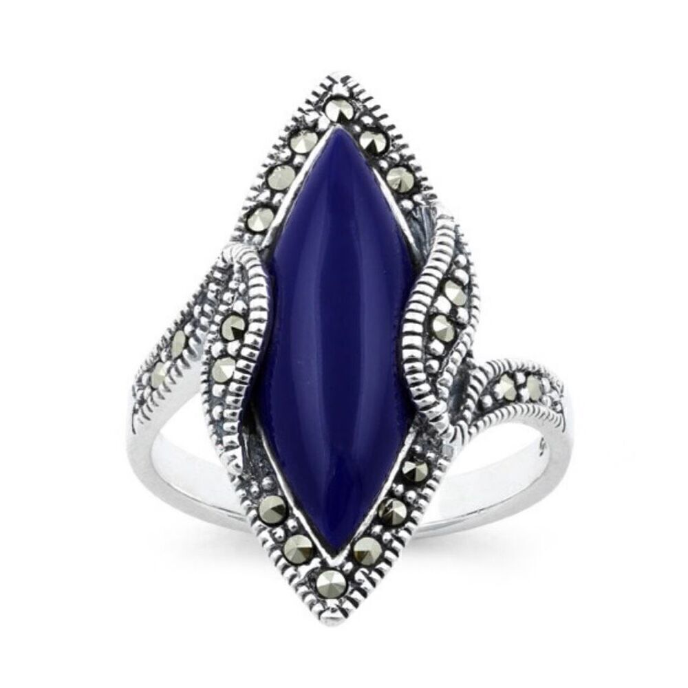 Sterling Silver Blue Lapis Marquise Marcasite Ring